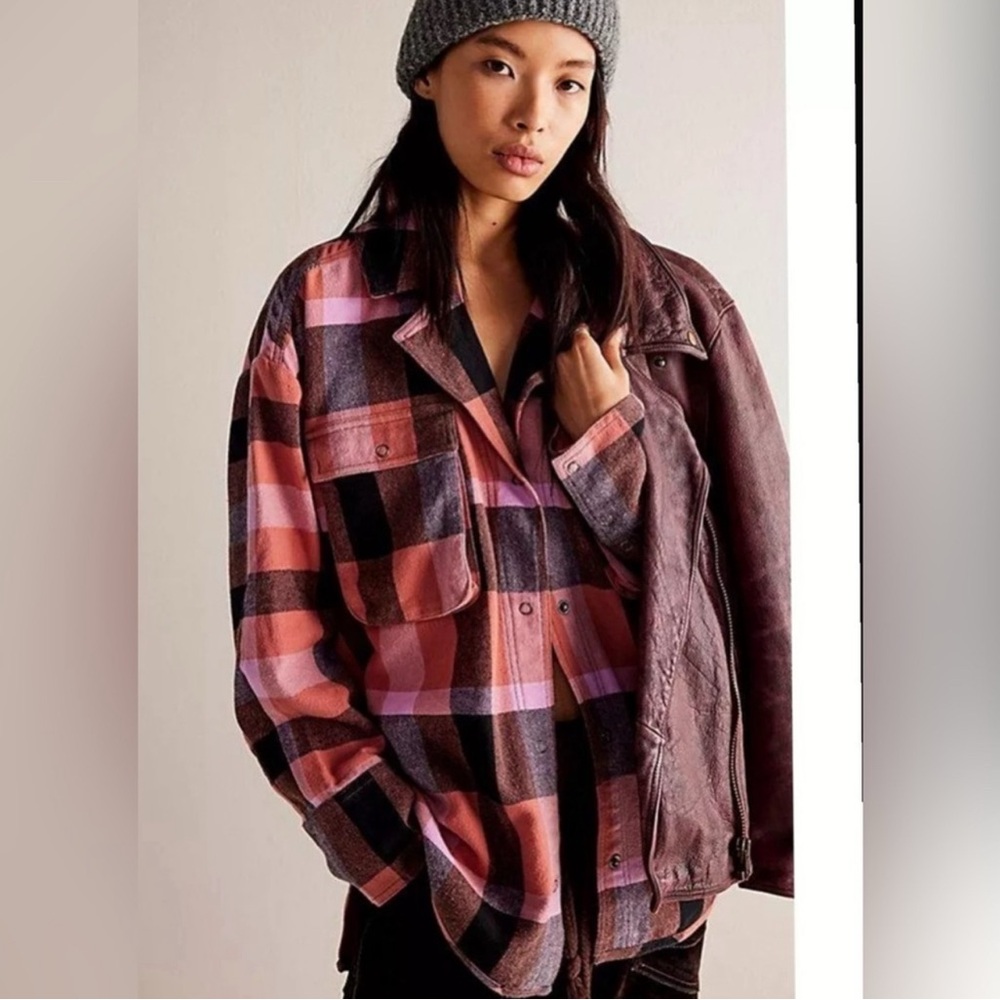 Free People Izzie Cargo Plaid Oversized Shirt Red Pink Medium